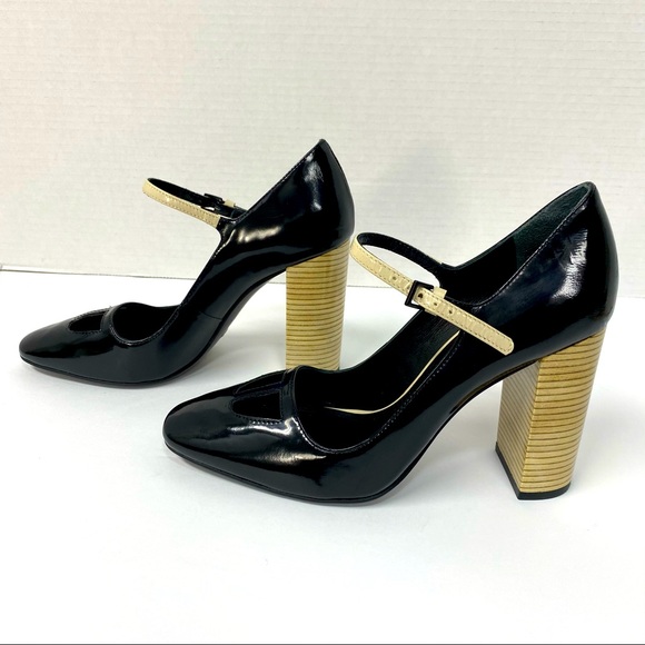 Tory Burch Faye Black Dark Ivory Patent Leather Block Pump Heels Size 7 - Picture 3 of 15
